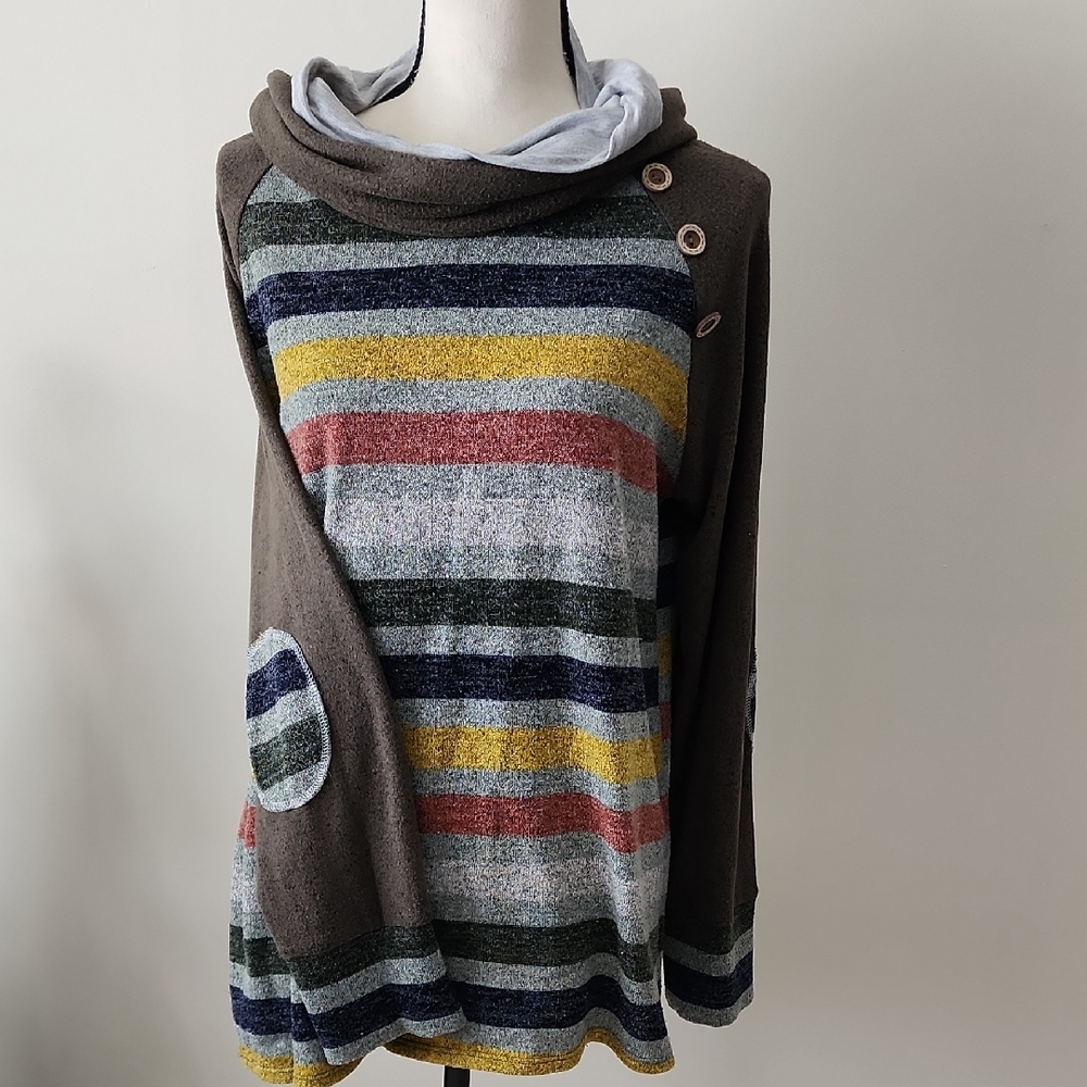 Tunic Length Cowl Nec Elbow Patch Sweater SzL